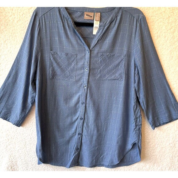 Chicos Women's Blue Button Down Shirt Size 0 Small Cotton Blend Roll Tab Sleeves - Picture 2 of 10
